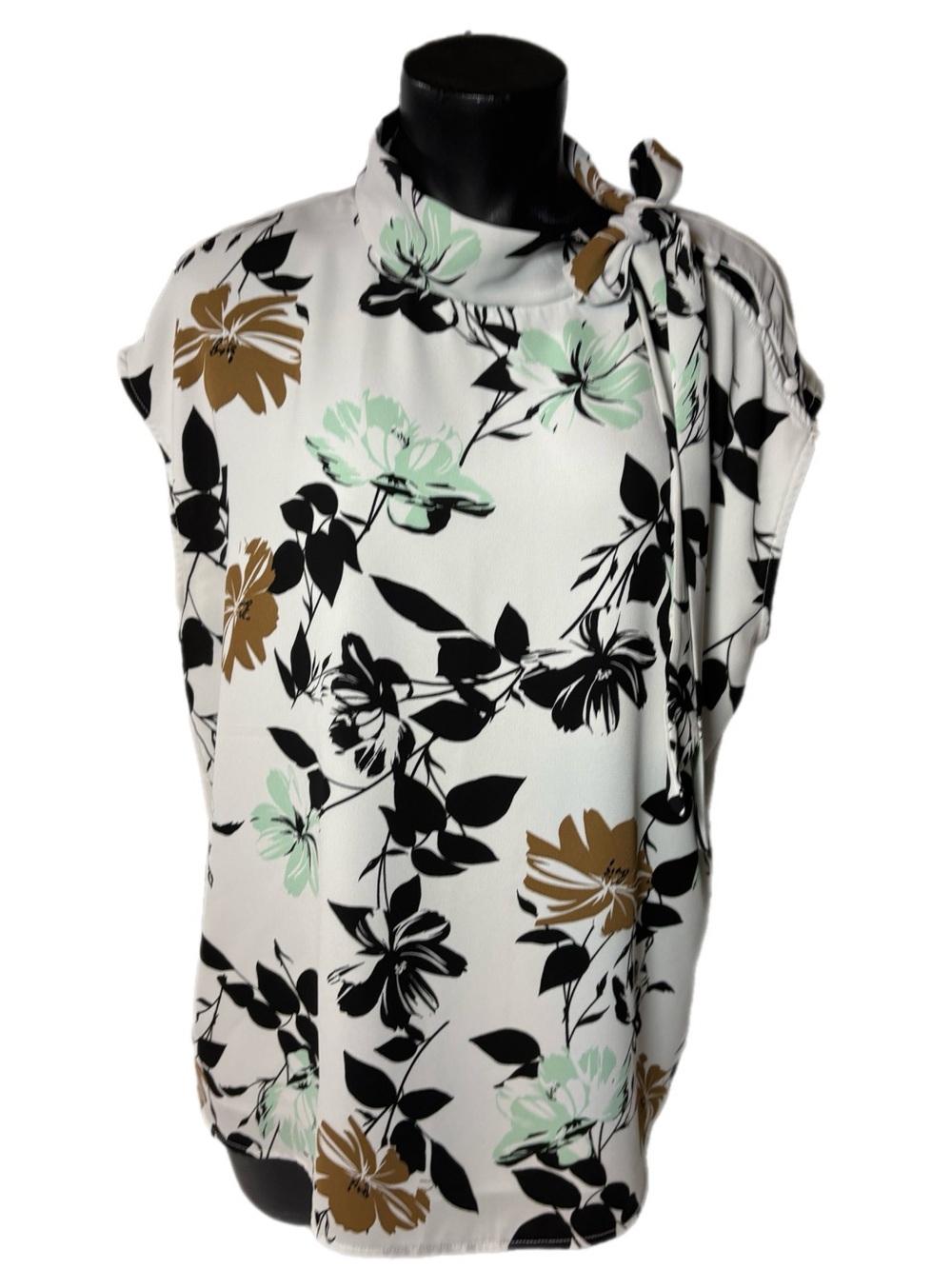 R & W Floral Tie-Neck Cap-Sleeve Top - White with Black, Mint & Tan Floral Print